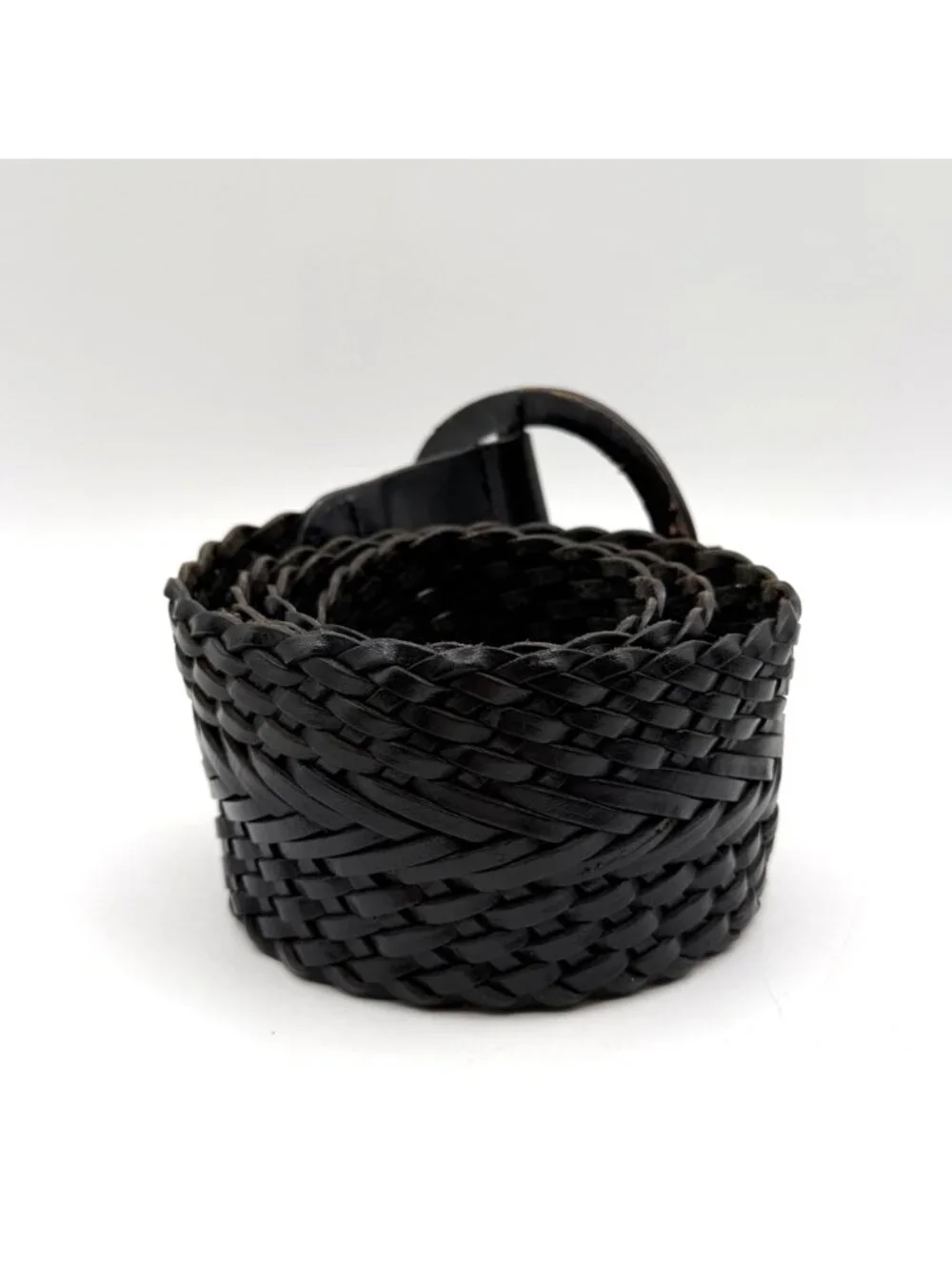 Black Braided Genuine Leather Wide Belt Round Buckle Size Medium